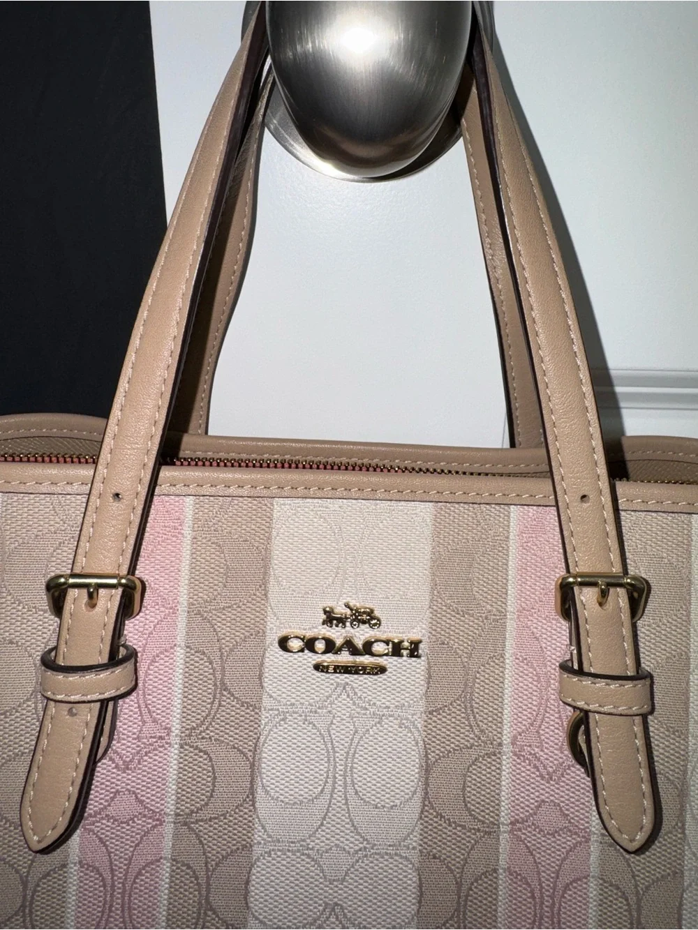 COACH Heritage Signature Horse Stripe Tote Pink & Beige